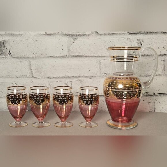 Vintage Pink & Gold Ombre Glass Pitcher Set – 5 Pc Mid-Century Barware - Picture 5 of 15